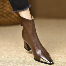 Load image into Gallery viewer, Pointed-Toe Chunky-Heel Leather Ankle Boots