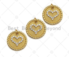 Load image into Gallery viewer, CZ Micro Pave Heart On Round Coin Charm/Pendant, Heart Shape Charm, Gold Coin Pendant, Gold plated charm, 18mm, Sku#LK131