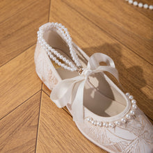 Load image into Gallery viewer, Women's Jacquard Mary Jane Low Heel Shoes | Pearl Ribbon Bow Square Toe Wedding Flats