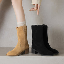 Load image into Gallery viewer, Women's Genuine Cowhide Leather Chunky Heel Mid-Calf Boots | Square Toe Side Zipper | Matte Embossed Finish