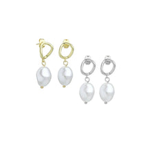 Load image into Gallery viewer, Gold Silver Oval Link Pearl Pendant Hoop Earrings, Sku#A324