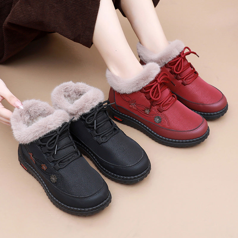 Women's Fleece-Lined Winter Cotton Boots | Warm Flat Heel Mid-Cut Snow Boots