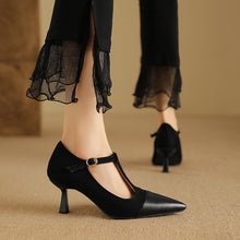 Load image into Gallery viewer, Elegant T-Strap Pointed Toe Stacked Heel Pumps