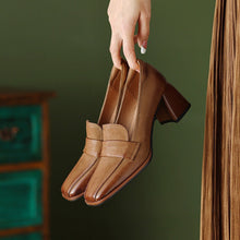 Load image into Gallery viewer, Women's Square Toe Chunky Heel Shoes – Sheepskin Upper, Retro Dress Heels in Blue &amp; Apricot
