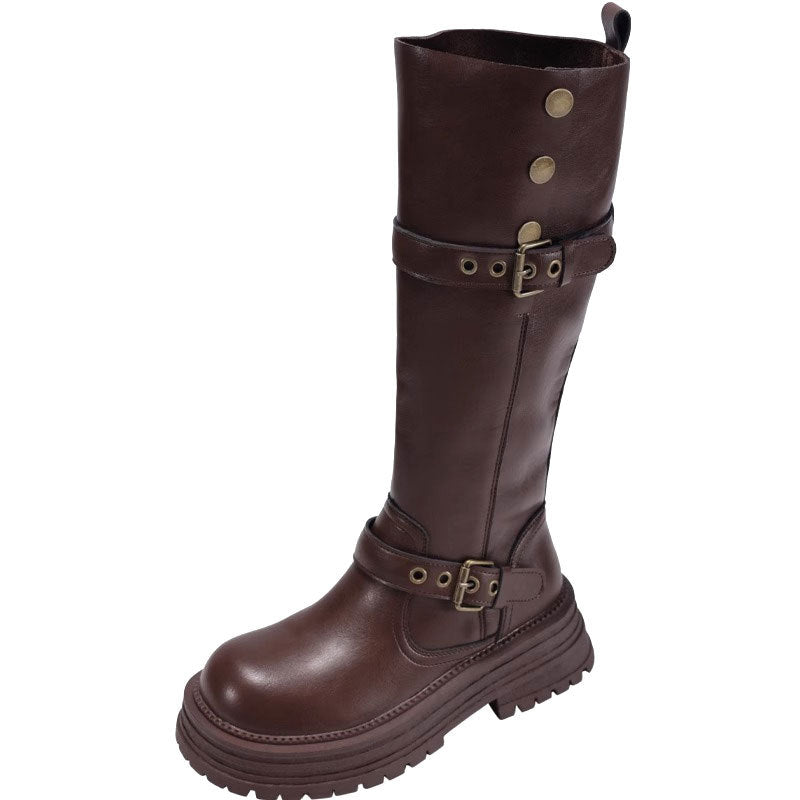 Women's Retro Chunky-Heel Knee-High Boots - British Style PU Leather Round Toe Mid Heel Winter Boots