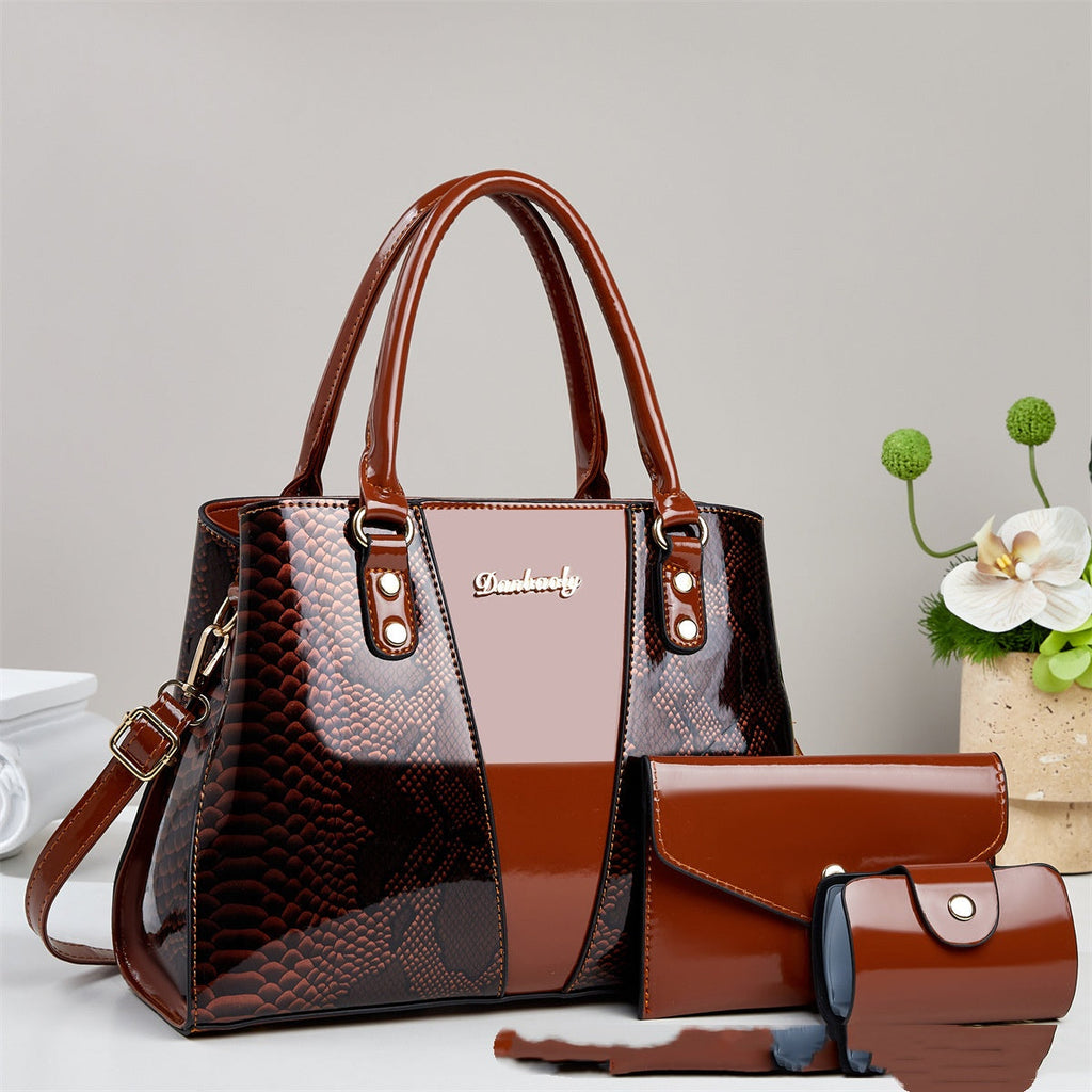 Women's Snakeskin Pattern Tote Handbag Set - 3-Piece Crossbody Shoulder Bag with Wallet