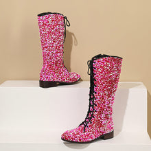 Load image into Gallery viewer, Women's Glitter Sequin Over-the-Knee Boots | Chunky Mid Heel, Lace-Up, Round Toe