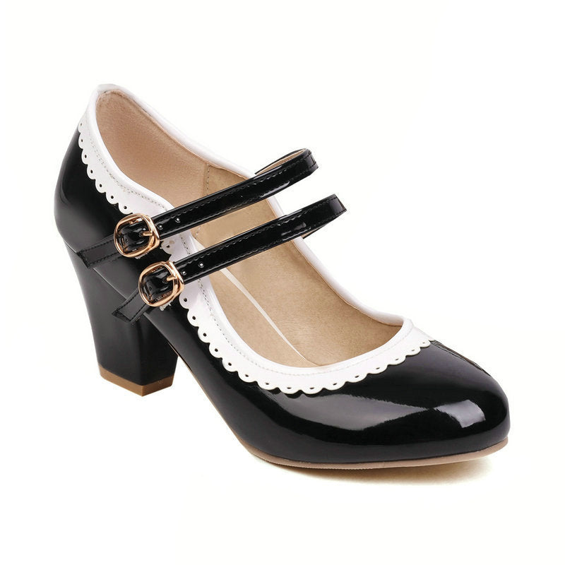 Women's Patent Leather Chunky Heel Mules – Candy Color Round Toe Buckle High Heels
