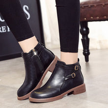 Load image into Gallery viewer, Women's Low Heel Buckle Ankle Boots – PU Leather Side Zipper Round Toe Winter Boots