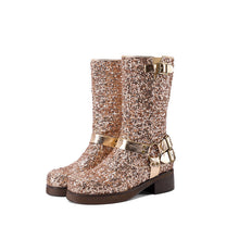 Load image into Gallery viewer, Women's Sequin Buckle Mid-Calf Boots - Chunky Heel PU Leather Boots
