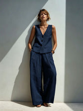 Load image into Gallery viewer, Linen Blend V-Neck Buttoned Vest &amp; High-Waist Wide-Leg Pants Set – 5 Colors S–3XL