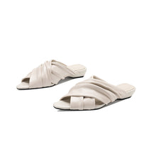 Load image into Gallery viewer, Women's Ruched Lambskin Slide Sandals | Square-Toe Handmade Leather Flat Mules