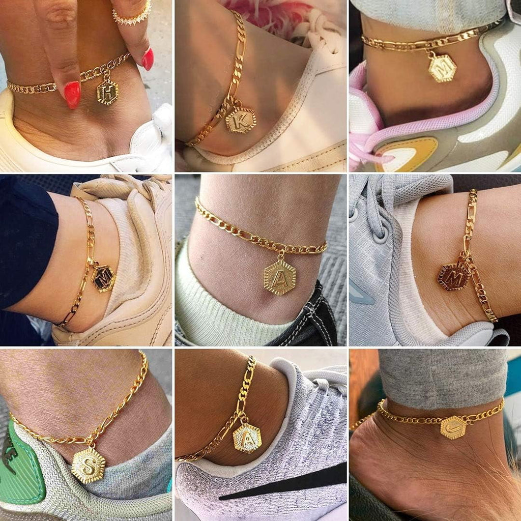 ChainsHouse 14K Gold Plated Initial Ankle Bracelets for Women with Letter M Figaro Cuban Link Anklet Birthday Valentines Jewelry Gift