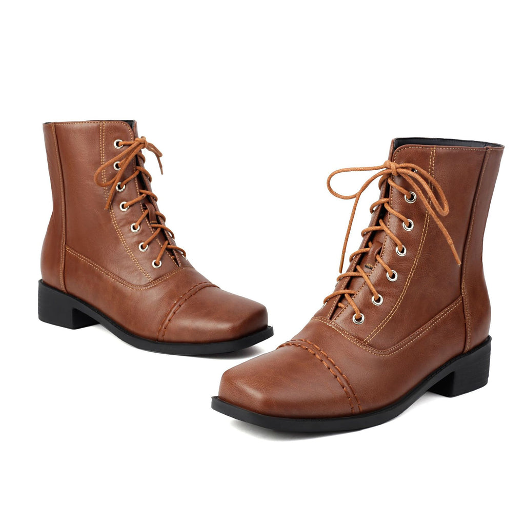 Women's Lace-Up Square-Toe Motorcycle Boots | Low Heel Outdoor Ankle Boots