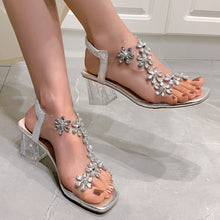 Load image into Gallery viewer, Women's Flower Transparent Square Heel Sandals | Summer Square Toe High Heels | Off-White Silver Gold Black | Sizes 35-42