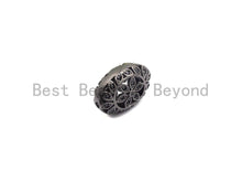 Load image into Gallery viewer, Black CZ Pave On Black  Micro Pave Oval Spacer Beads with Flower Pattern, Black CZ Pave Beads for Bracelet/Necklace, 12x17mm, sku#G416