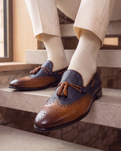 Load image into Gallery viewer, The Istanbul Tan &amp; Navy Blue Leather Tassel Loafer Men Shoe