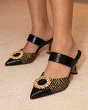 Load image into Gallery viewer, The Valencia Black &amp; Gold Jewel Heel Women Mule Sandal