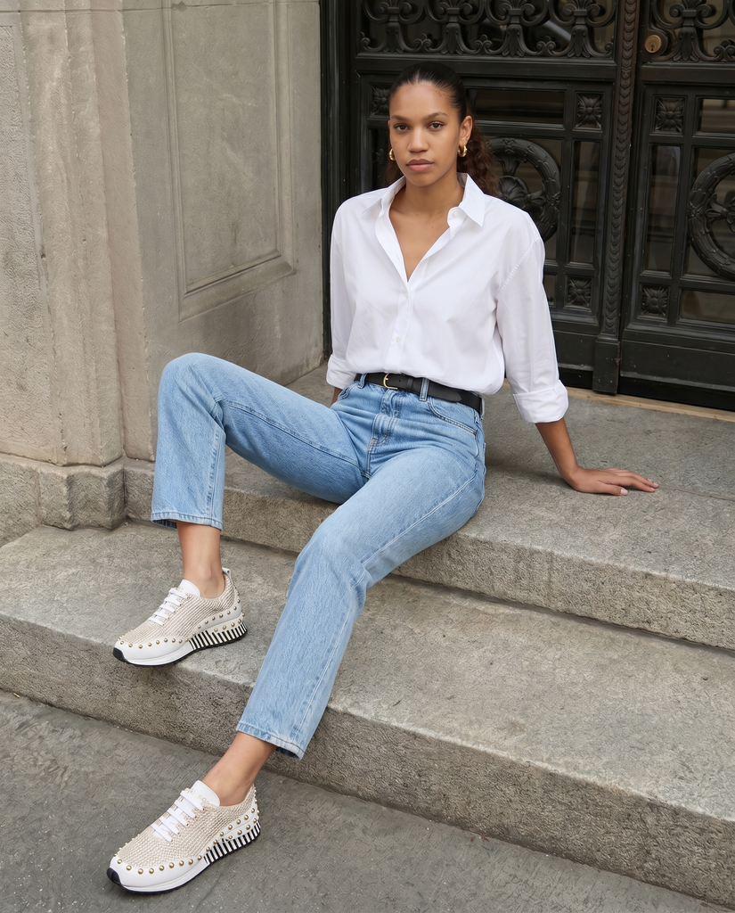 The Aurelia White Gold Woven Leather Women Sneaker