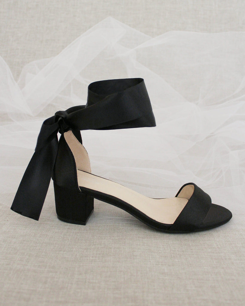 Satin Girls Block Heel Sandal with Wrapped Ribbon Tie