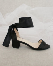 Load image into Gallery viewer, Satin Girls Block Heel Sandal with Wrapped Ribbon Tie