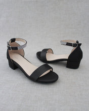 Load image into Gallery viewer, Satin Girls Block Heel Sandals with Mini Rhinestones Embellished Ankle Strap