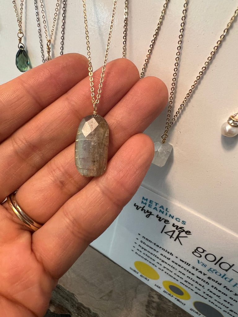 Large moonstone drop necklace (taupe, periwinkle, labradorite)