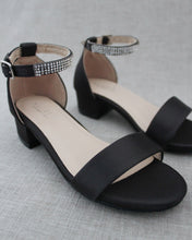 Load image into Gallery viewer, Satin Girls Block Heel Sandals with Mini Rhinestones Embellished Ankle Strap