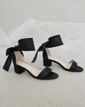 Load image into Gallery viewer, Satin Girls Block Heel Sandal with Wrapped Ribbon Tie