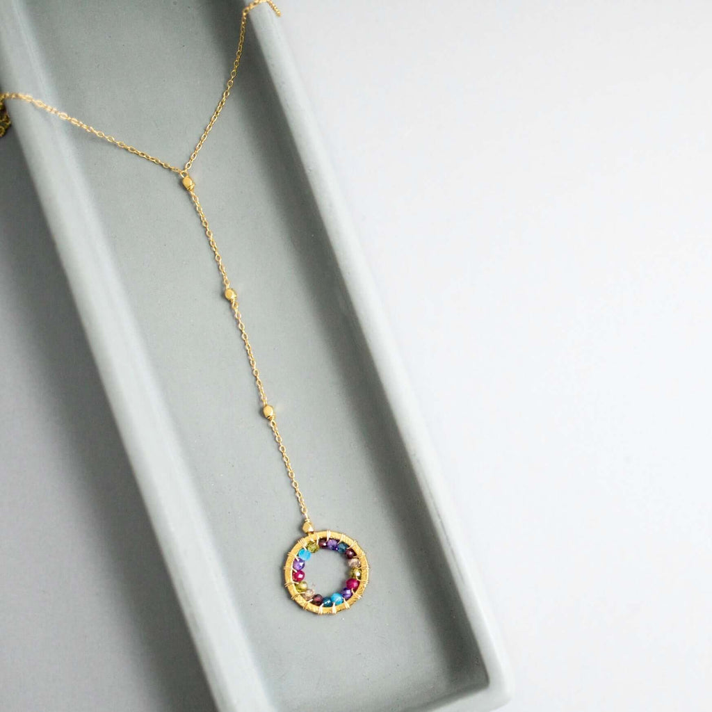 Black Spinel, Rainbow Gemstone and Pearl Halo Y Pendants