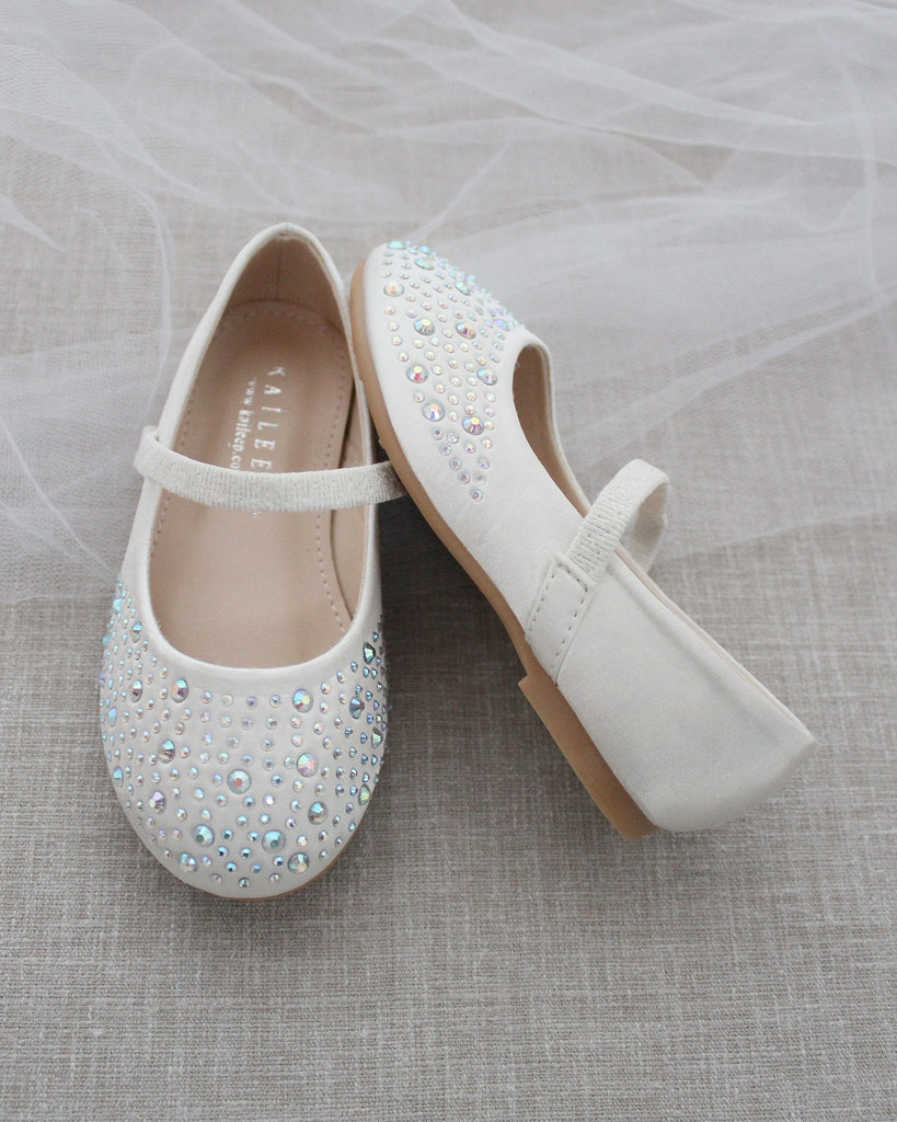 Satin Mary Jane Flats with Rhinestones Embellishment