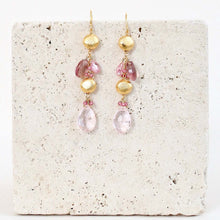 Load image into Gallery viewer, Pink Clear Quartz &amp; Pink Tourmaline Gold Drop Earrings