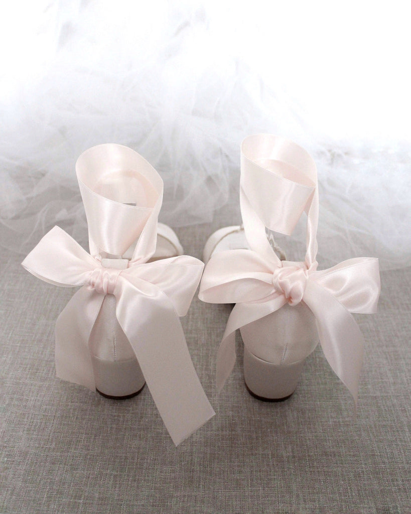Satin Girls Block Heel Sandal with Wrapped Ribbon Tie