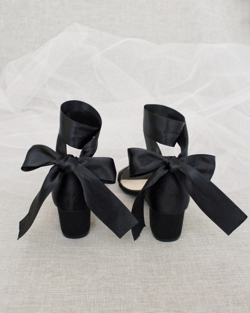 Satin Girls Block Heel Sandal with Wrapped Ribbon Tie