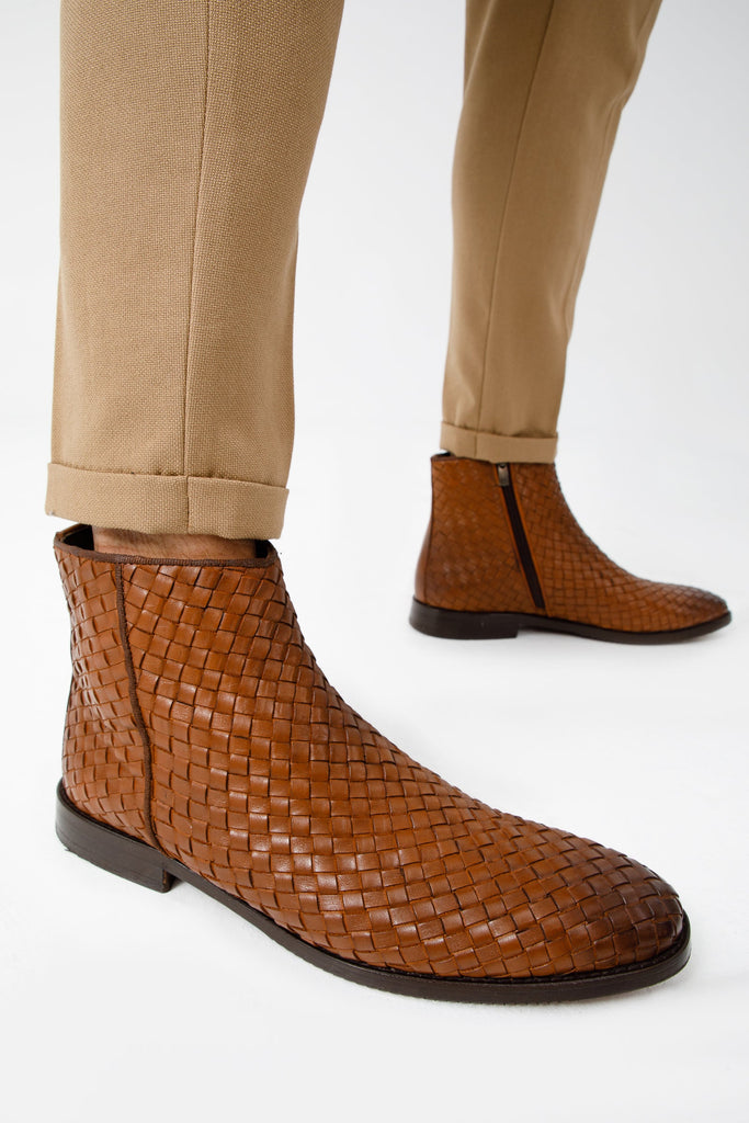 The Wellington Tan Handwoven Leather Men Boot with a Zipper Final Sale!