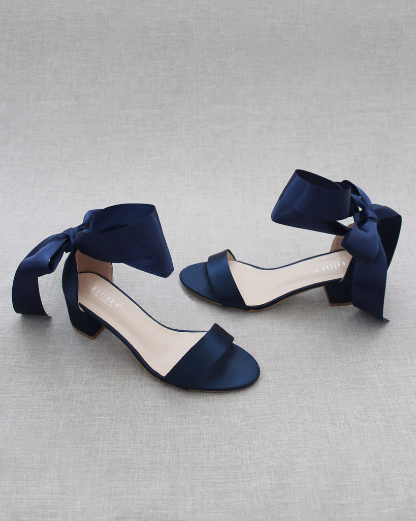 Satin Girls Block Heel Sandal with Wrapped Ribbon Tie