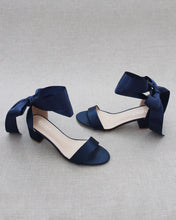 Load image into Gallery viewer, Satin Girls Block Heel Sandal with Wrapped Ribbon Tie