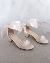 Load image into Gallery viewer, Satin Girls Block Heel Sandal with Wrapped Ribbon Tie