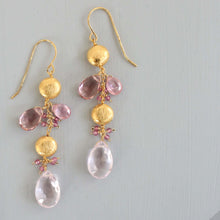 Load image into Gallery viewer, Pink Clear Quartz &amp; Pink Tourmaline Gold Drop Earrings