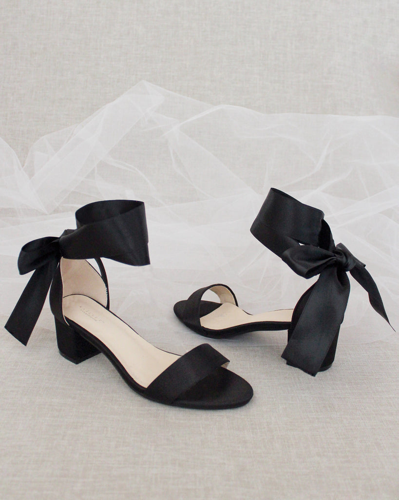 Satin Girls Block Heel Sandal with Wrapped Ribbon Tie