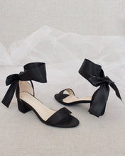 Load image into Gallery viewer, Satin Girls Block Heel Sandal with Wrapped Ribbon Tie