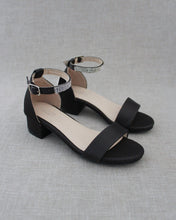 Load image into Gallery viewer, Satin Girls Block Heel Sandals with Mini Rhinestones Embellished Ankle Strap