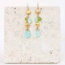 Load image into Gallery viewer, Aqua Chalcedony &amp; Peridot Gold Drop Earrings