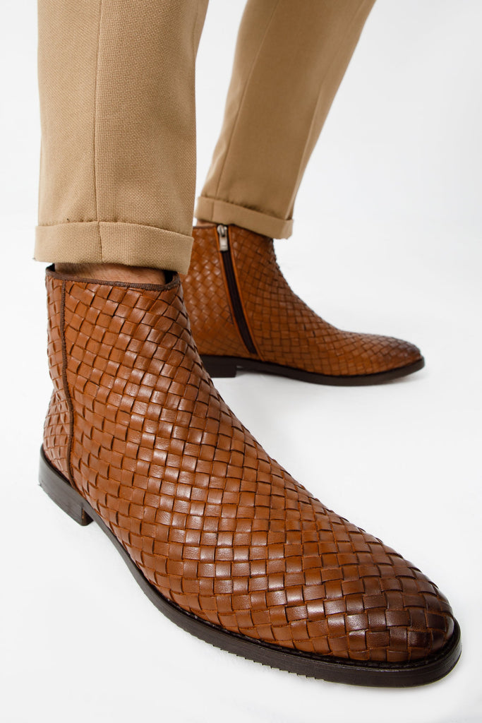 The Wellington Tan Handwoven Leather Men Boot with a Zipper Final Sale!
