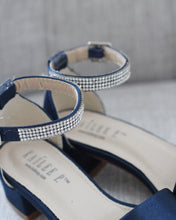 Load image into Gallery viewer, Satin Girls Block Heel Sandals with Mini Rhinestones Embellished Ankle Strap