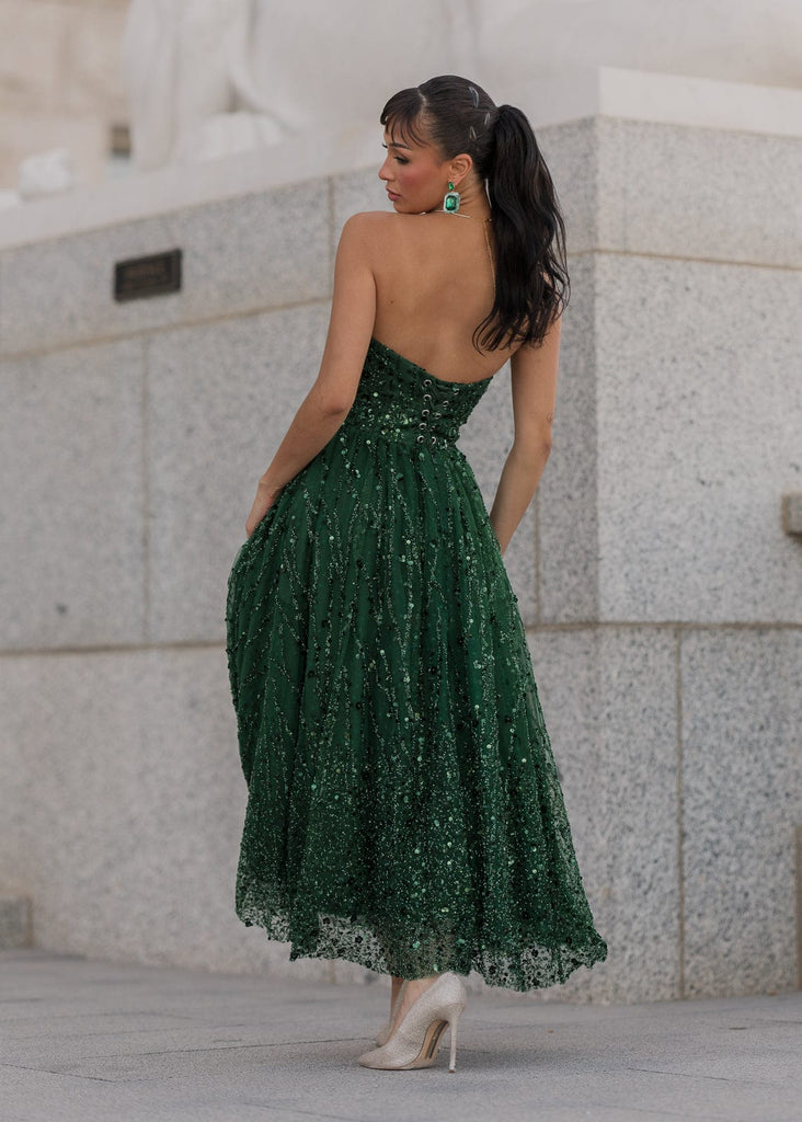 Elphie Strapless Sequin Corset Midi Dress - Green
