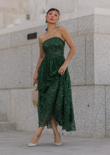 Load image into Gallery viewer, Elphie Strapless Sequin Corset Midi Dress - Green