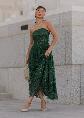 Elphie Strapless Sequin Corset Midi Dress - Green