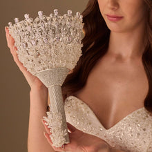 Load image into Gallery viewer, Elegant Silver Quinceañera &amp; Wedding Bouquet Holder – Handcrafted with Pearls &amp; Crystal Stones