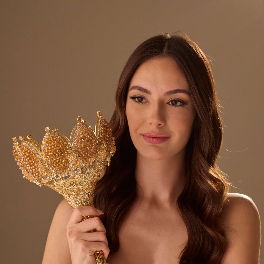 Gold Quinceañera & Wedding Bouquet Holder – Handcrafted with Gold Carved Flowers & Crystal Stones